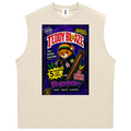 A sleeveless cream-colored athletic tank top featuring a large, colorful graphic print on the front. The graphic is styled like a retro candy package, with 'TEDDY BLAZE' in bold red letters and an illustration of a teddy bear holding a cigar over a purple background.