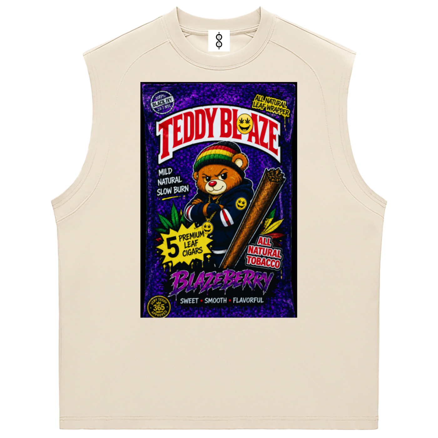 A sleeveless cream-colored athletic tank top featuring a large, colorful graphic print on the front. The graphic is styled like a retro candy package, with 'TEDDY BLAZE' in bold red letters and an illustration of a teddy bear holding a cigar over a purple background.