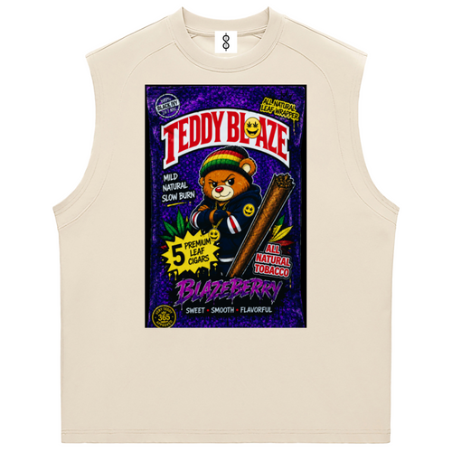 A sleeveless cream-colored athletic tank top featuring a large, colorful graphic print on the front. The graphic is styled like a retro candy package, with 'TEDDY BLAZE' in bold red letters and an illustration of a teddy bear holding a cigar over a purple background.