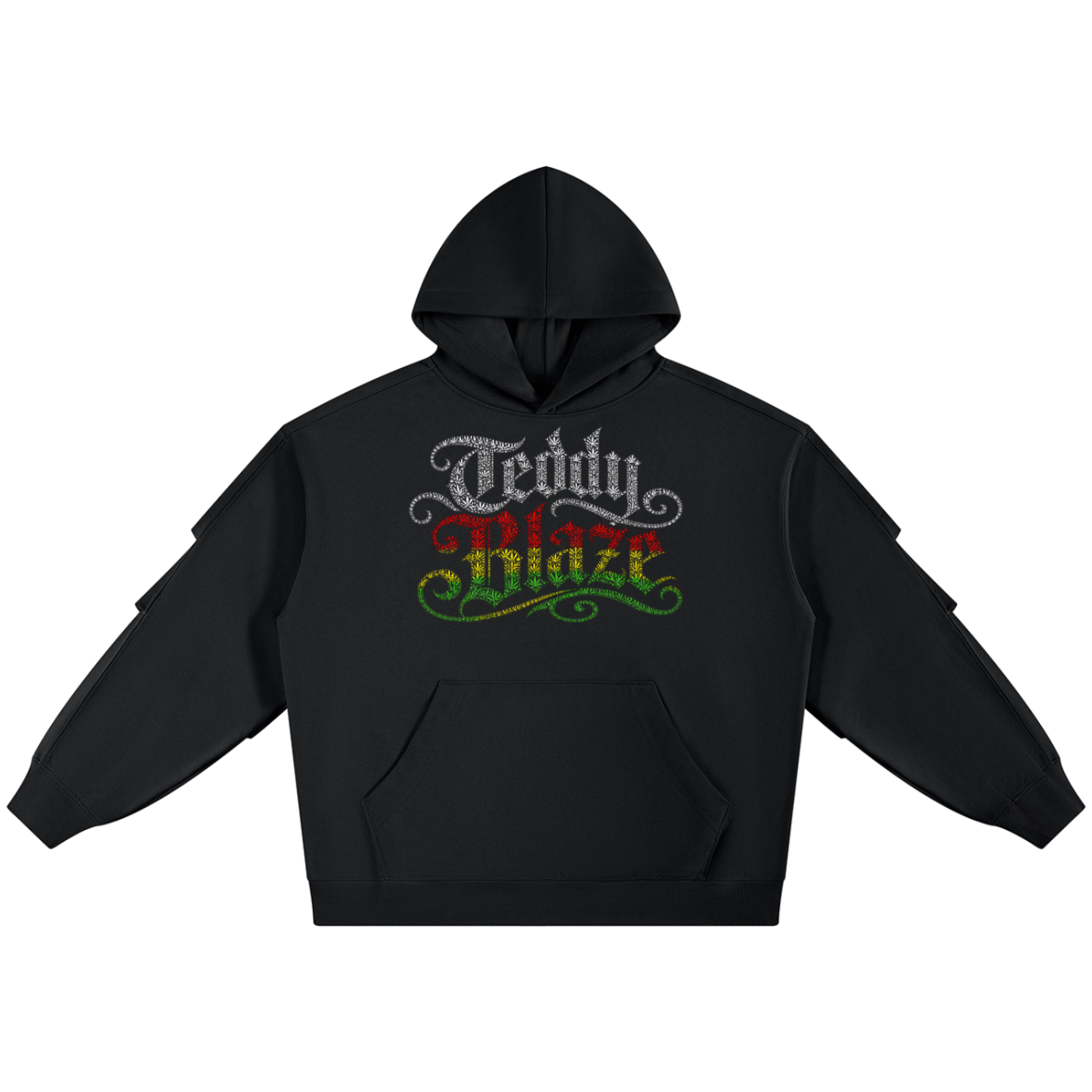 A black pullover hoodie with a graphic on the chest reading 'Teddy Plaza' in stylized white, red, and green lettering, shown on a plain white background.