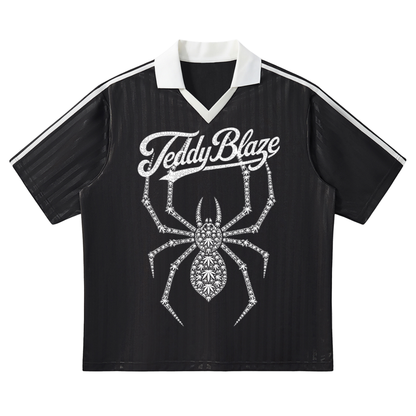 A black short-sleeve soccer jersey with white double stripes on the sleeves, a white V-neck collar, and a large white spider graphic with the text 'TeddyBlaze' across the chest, shown on a plain white background.