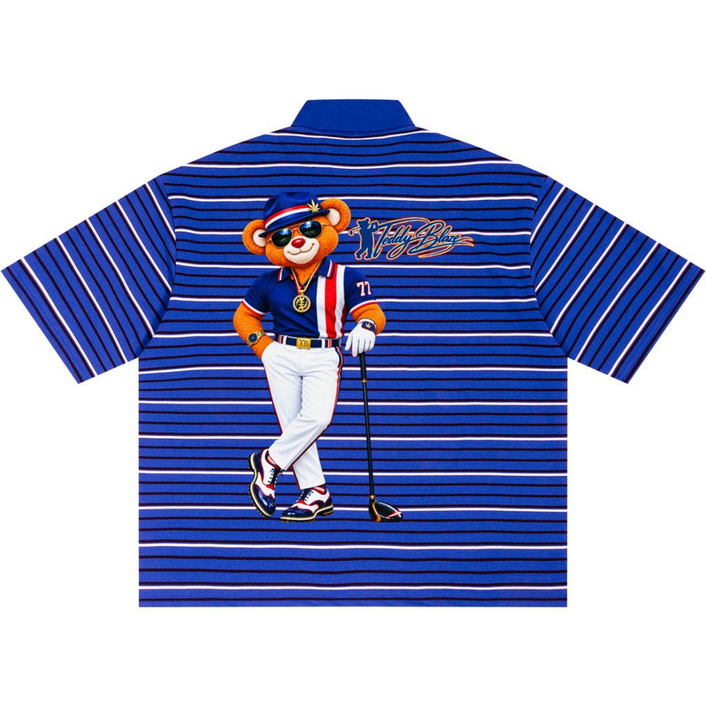Shop the Signature Mr. Blaze Striped Boxy Short Golf Polo by Teddy Blaze. 270 GSM blue striped polo shirt with mascot back art from TEDDY FORE!.