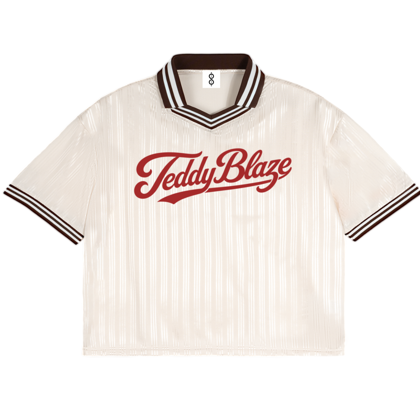 A short-sleeve cream-colored athletic jersey with vertical pinstripes, featuring a dark brown and white striped V-neck collar, matching striped sleeve cuffs, and a prominent red 'TeddyBlaze' logo printed across the chest.