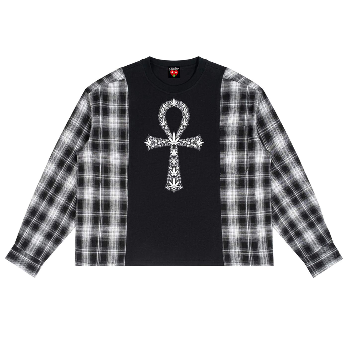 A long-sleeve crop top featuring a black center panel with a white ornate cross graphic, and black-and-white plaid sleeves, shown flat on a white background.