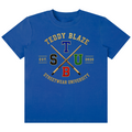 A royal blue short-sleeve t-shirt with a collegiate-style graphic on the chest reading 'TEDDY BLAZE' and 'STREETWEAR UNIVERSITY' around crossed basketball hoops and letters T, S, U, B.