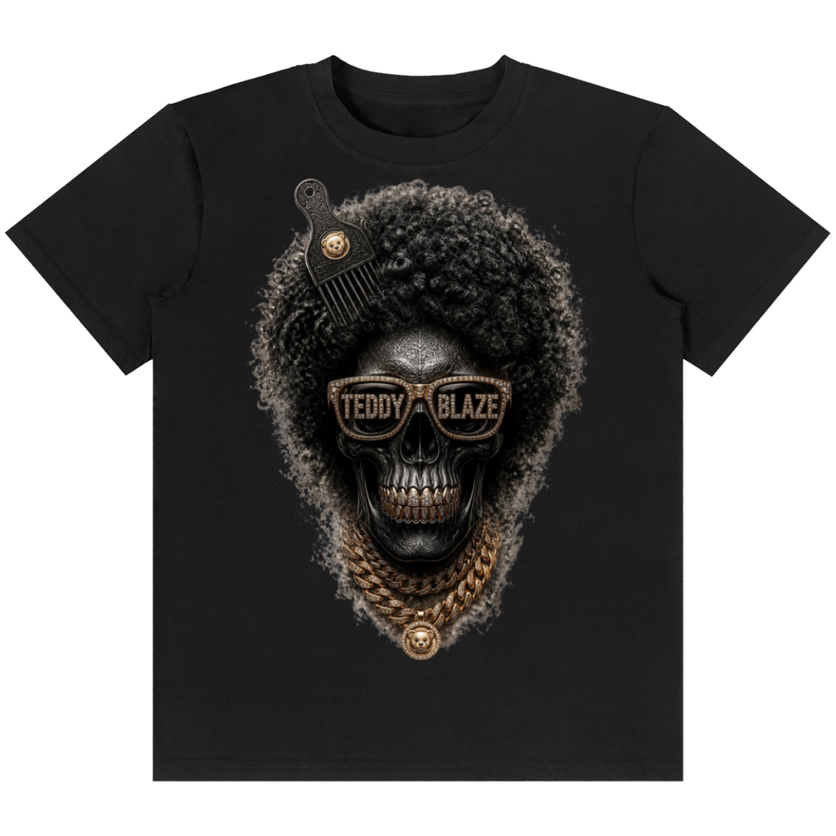 A black short-sleeve crewneck t-shirt featuring a detailed graphic print of a skull with an afro hairstyle, gold chain necklace, and sunglasses that read 'TEDDY BLAZE'.