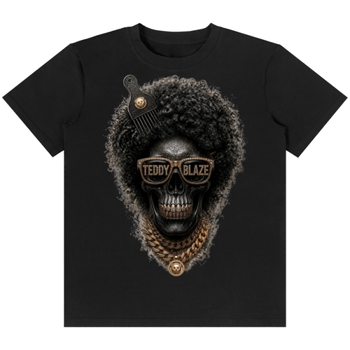 A black short-sleeve crewneck t-shirt featuring a detailed graphic print of a skull with an afro hairstyle, gold chain necklace, and sunglasses that read 'TEDDY BLAZE'.