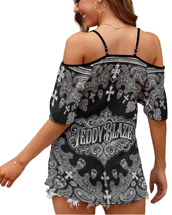 Teddy Blaze Signature Bandana Cold-Shoulder Sling Shirt | Women's Gothic Paisley Off-The-Shoulder Top