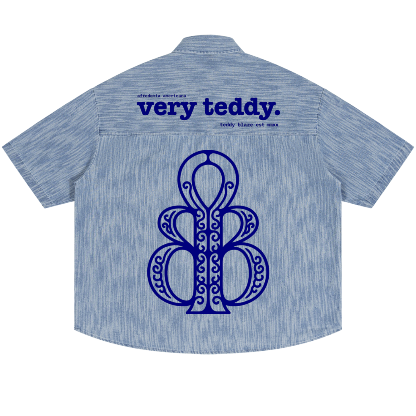 Discover the Teddy Blaze Afrodemia Boxy Vintage Wash Denim Camp Shirt, featuring Afrocentric graphics, a relaxed unisex fit and Afrodemia Americana detailing.