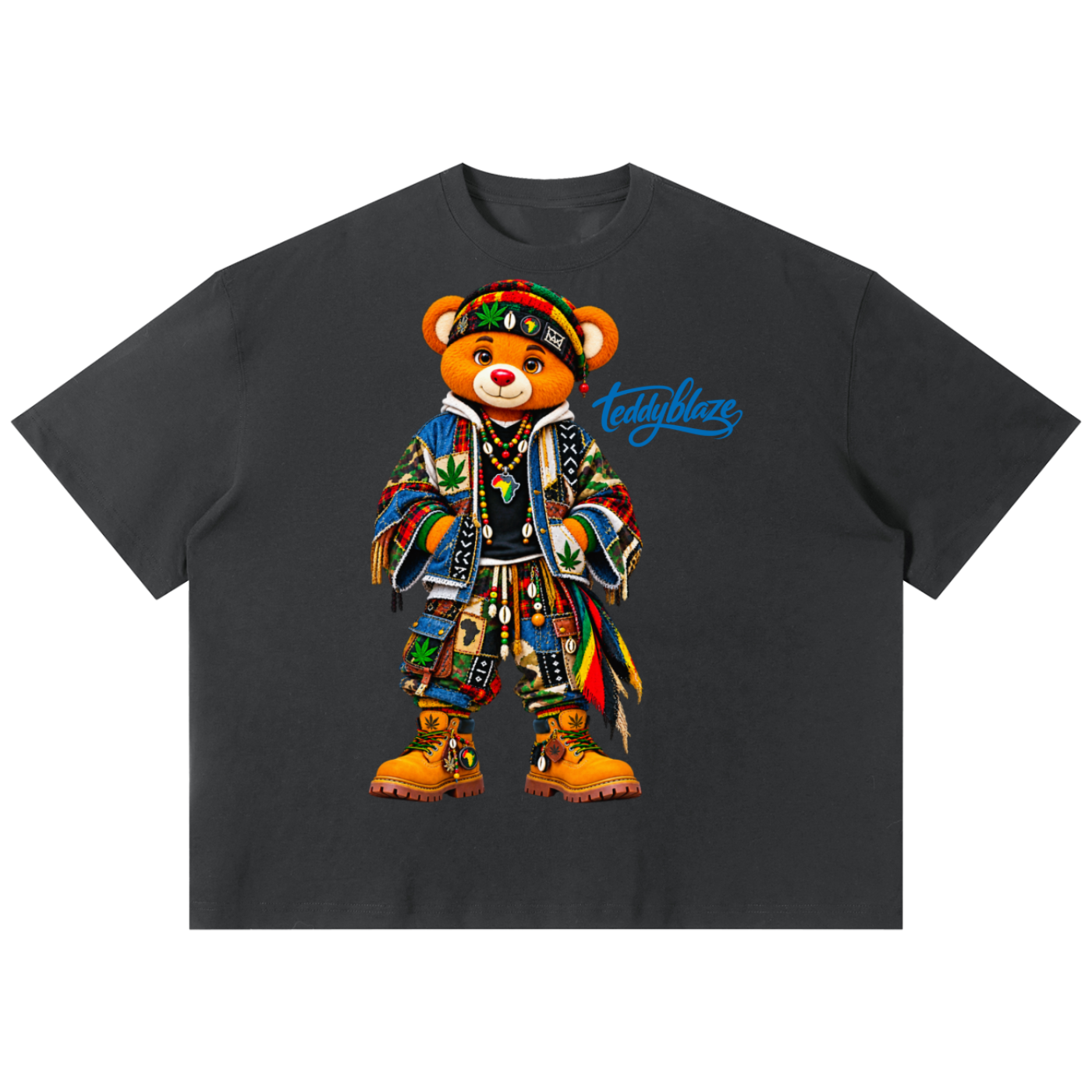 Shop the Teddy Blaze Boho Boxy Tee. 220 GSM cotton-poly oversized drop-shoulder t-shirt with boho bear graphic from TOPS BY TEDDY BLAZE.