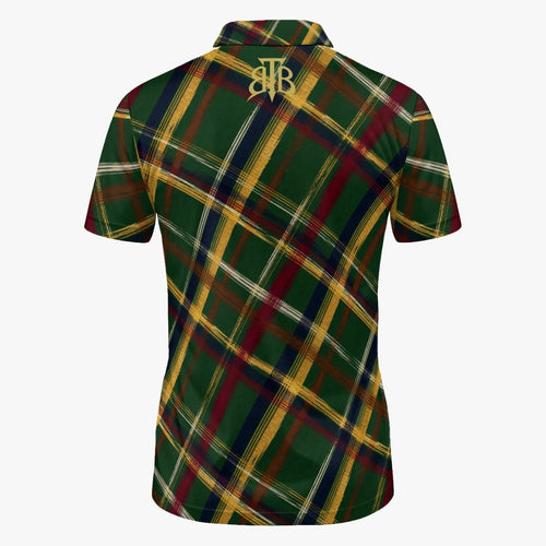 A short-sleeve polo shirt shown from the back, featuring a green, gold, and red tartan plaid pattern with a gold monogram logo at the collar.