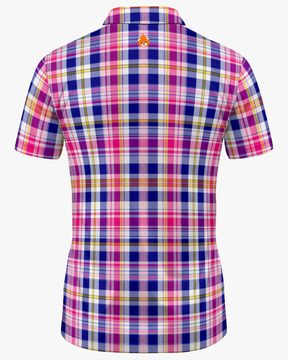 Short-sleeve plaid polo shirt shown from the back, featuring a vibrant pattern of pink, blue, purple, yellow, and white intersecting stripes, with a small orange and yellow logo centered below the collar.