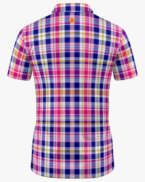 Short-sleeve plaid polo shirt shown from the back, featuring a vibrant pattern of pink, blue, purple, yellow, and white intersecting stripes, with a small orange and yellow logo centered below the collar.