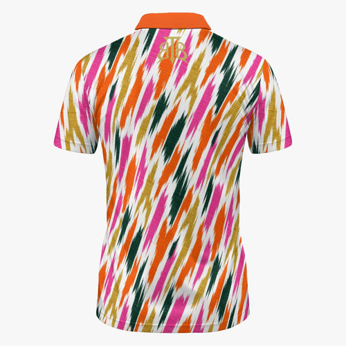 Short-sleeve polo shirt shown from the back, featuring a bold diagonal ikat-style pattern in orange, pink, dark green, and gold on a white base, with an orange collar and a gold monogram logo at the back neck.