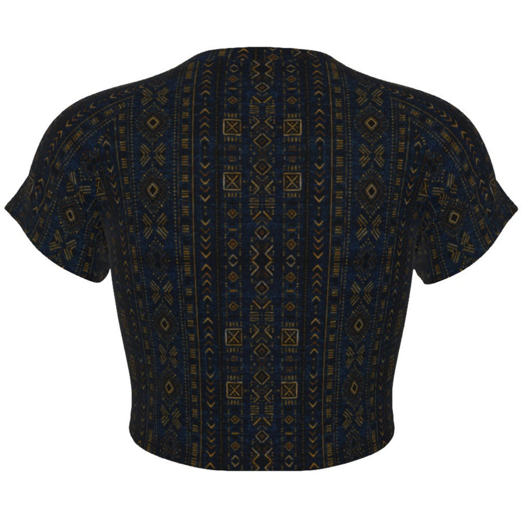 Shop the Teddy Blaze Mud of Indigo™ Cropped Tee, a stretch microfiber crop top with raglan sleeves and rich indigo African-inspired geometric patternwork.