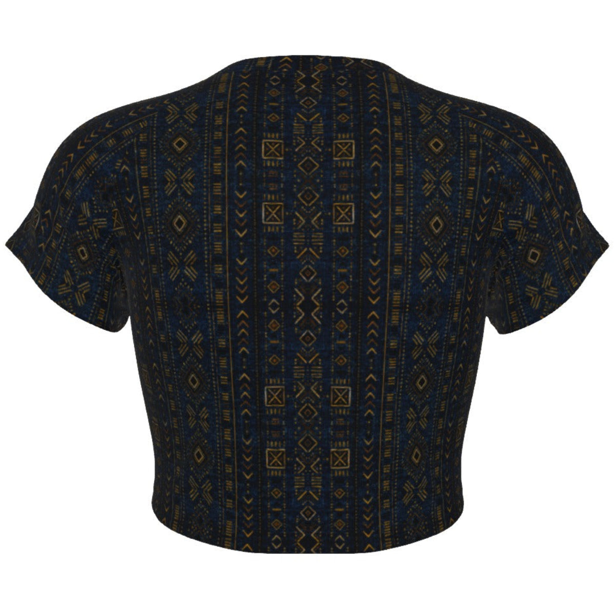 Shop the Teddy Blaze Mud of Indigo™ Cropped Tee, a stretch microfiber crop top with raglan sleeves and rich indigo African-inspired geometric patternwork.