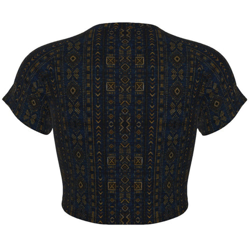 Shop the Teddy Blaze Mud of Indigo™ Cropped Tee, a stretch microfiber crop top with raglan sleeves and rich indigo African-inspired geometric patternwork.