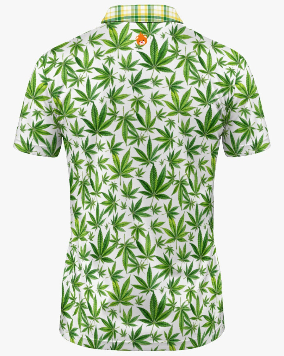 Shop the Iron + Ivy Tartan 420 Mesh Open Polo by Teddy Blaze. Breathable mesh golf polo featuring an all-over botanical leaf print with a contrast lime and yellow plaid open collar.