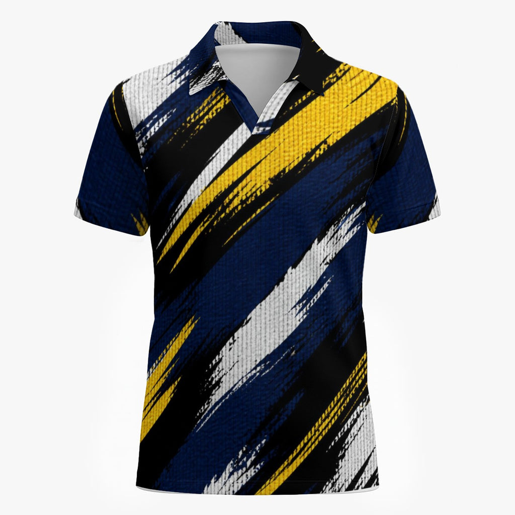 Shop the Highland Crest Brushstroke V-Neck Mesh Golf Polo by Teddy Blaze. Breathable 200g/m² performance mesh polo with bold diagonal brushstroke striping.