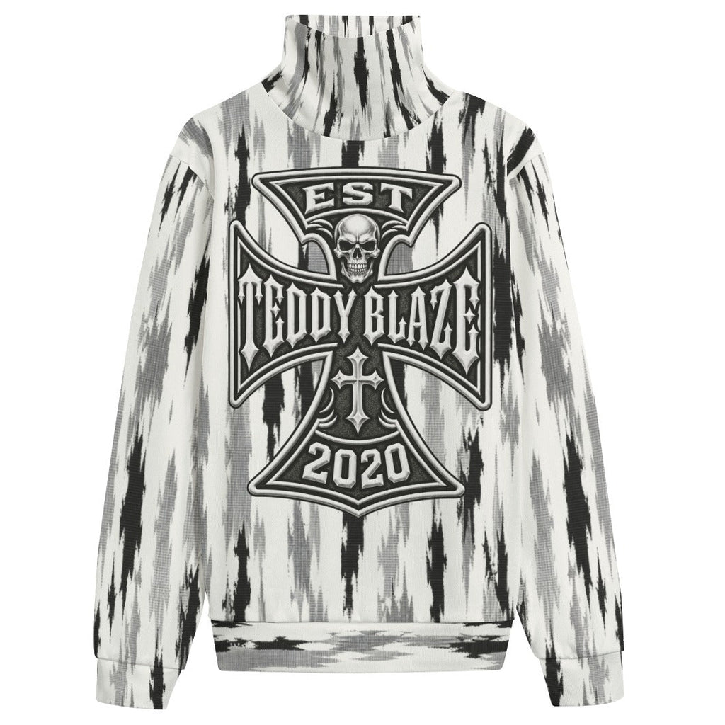 Shop the Suburban Tundra Ribbed Knit Fleece Turtleneck Sweater by Teddy Blaze. Heavyweight 280g/m² Hacci fleece sweater with a skull crest and feather print.