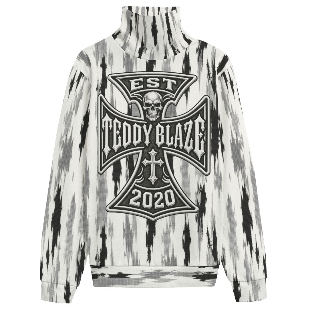 Shop the Suburban Tundra Ribbed Knit Fleece Turtleneck Sweater by Teddy Blaze. Heavyweight 280g/m² Hacci fleece sweater with a skull crest and feather print.