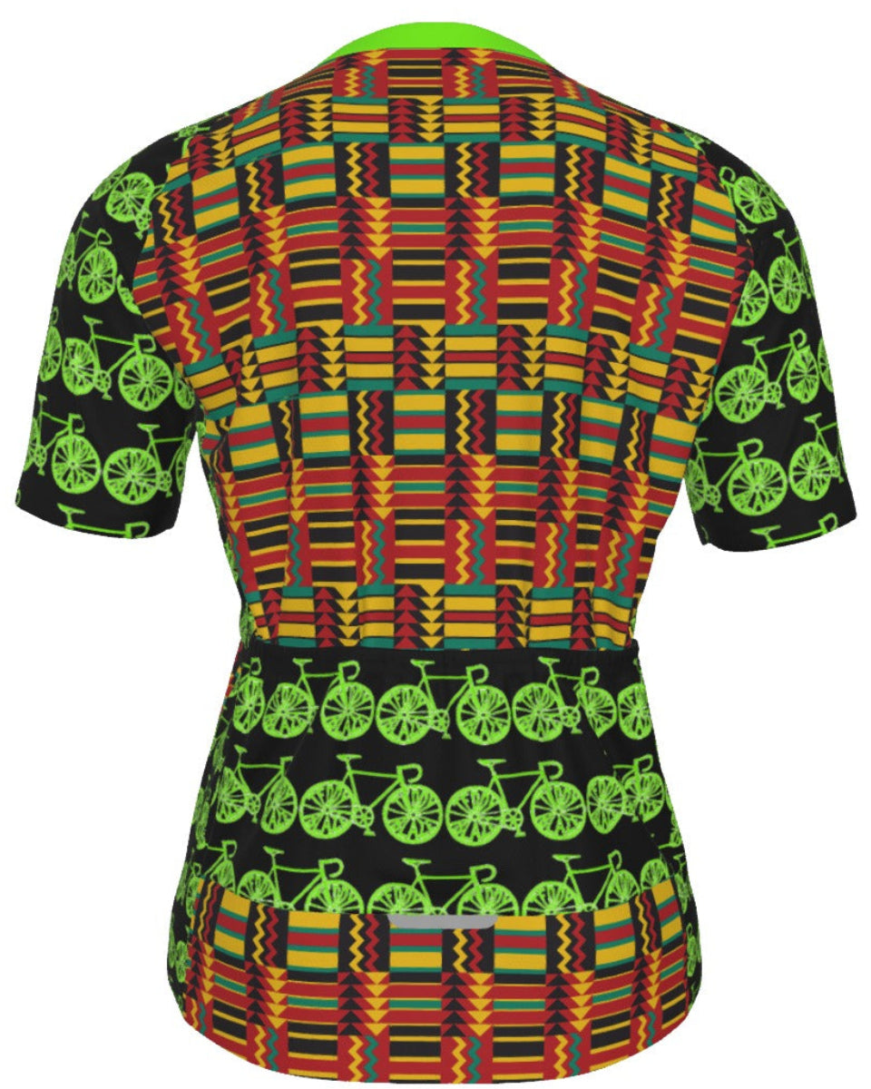 Shop the Iron + Ivy Kente & Neon Pace Performance Cycling Jersey by Teddy Blaze. Short sleeve technical cycling jersey featuring West African Kente body prints, neon bicycle graphic sleeves, and 3 rear cargo pockets.