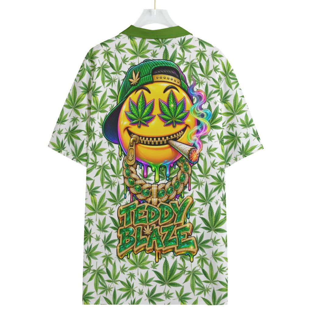 Shop the Bakey Head Camp Shirt by Teddy Blaze. 120 GSM featherlight cannabis leaf shirt with vibrant smiley back graphic from WHAT'S ON TOP.