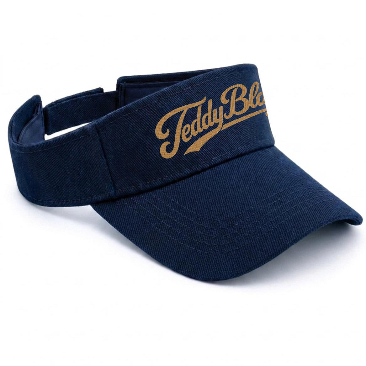 Shop the Teddy Blaze Signature Sun Visor, a navy open-top visor finished with gold Teddy Blaze script embroidery for elevated everyday and resort styling.