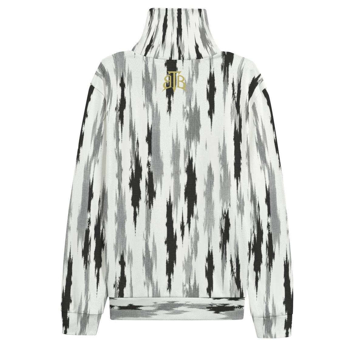 A long-sleeve mock neck sweatshirt featuring a vertical black, gray, and white ikat pattern, with a small gold embroidered 'JB' logo on the upper back.