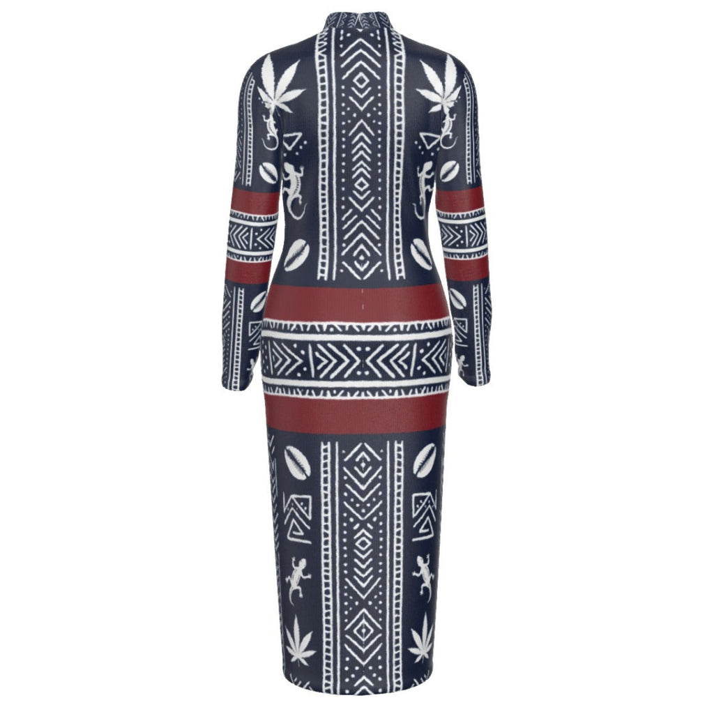 Shop the Sankofa Gypsy Midi Dress by Teddy Blaze, a fitted Afrocentric mock neck dress blending bold pattern, bohemian spirit and Afrodemia Americana.