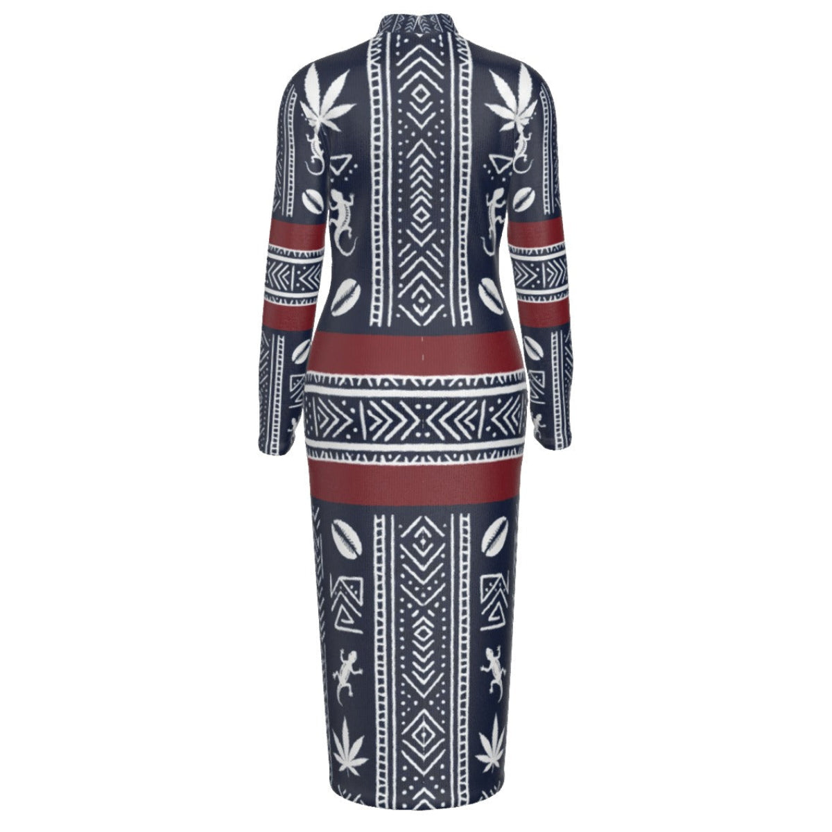 Shop the Sankofa Gypsy Midi Dress by Teddy Blaze, a fitted Afrocentric mock neck dress blending bold pattern, bohemian spirit and Afrodemia Americana.
