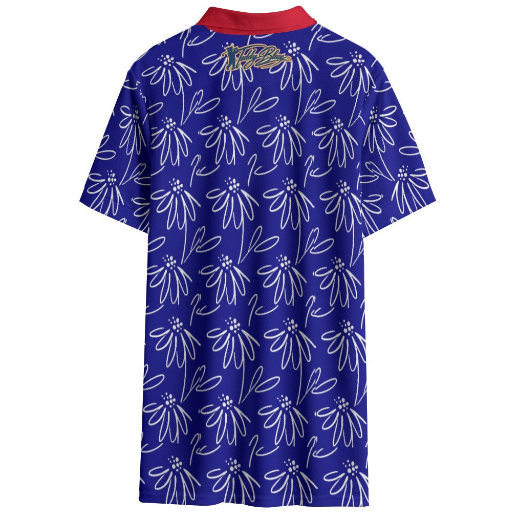 Shop the Flora Americana Short Golf Polo by Teddy Blaze. 145 GSM blue & red performance polo with white floral line print from TEDDY FORE!.