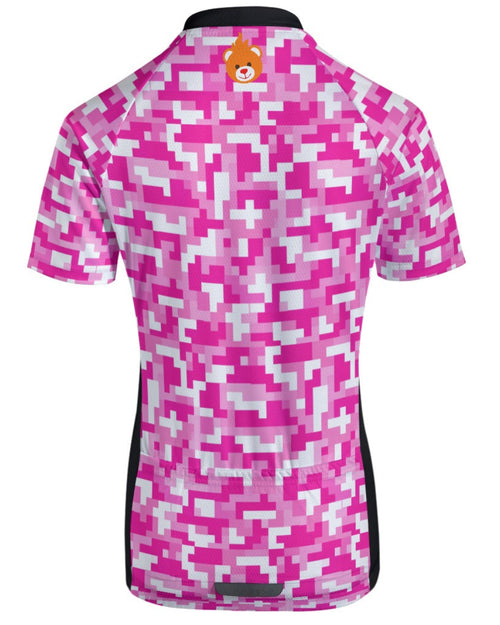 Shop the Iron + Ivy Women’s Split Pixel & Bike Cycling Jersey by Teddy Blaze. Breast Cancer Awareness edition women's slim-fit cycling jersey in split magenta digital camo and purple bike line-art.