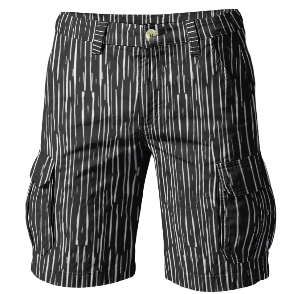 Black-and-white Scribble Dandy Duck Cloth Cargo Shorts from Teddy Blaze MEN OF BRIXTON featuring cargo pockets, belt loops, and vertical scribble stripe print