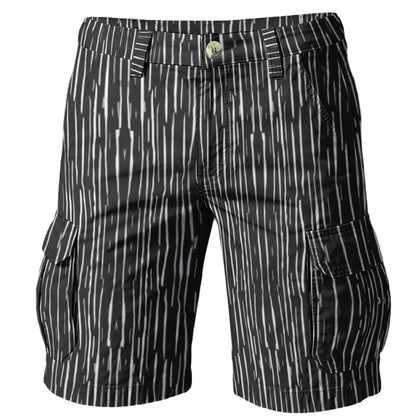 Black-and-white Scribble Dandy Duck Cloth Cargo Shorts from Teddy Blaze MEN OF BRIXTON featuring cargo pockets, belt loops, and vertical scribble stripe print