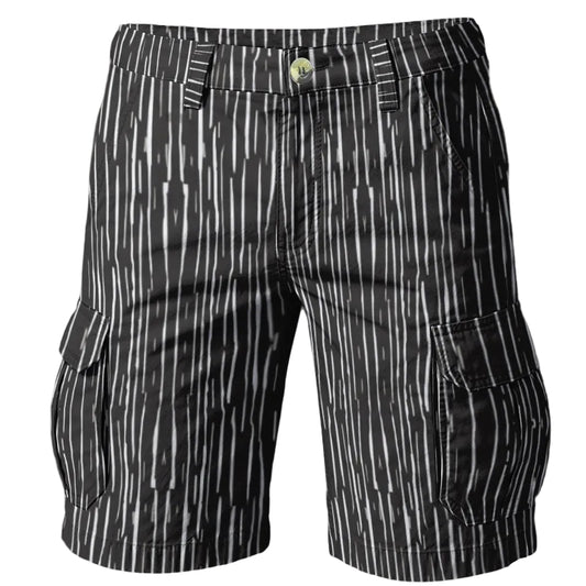 Black-and-white Scribble Dandy Duck Cloth Cargo Shorts from Teddy Blaze MEN OF BRIXTON featuring cargo pockets, belt loops, and vertical scribble stripe print