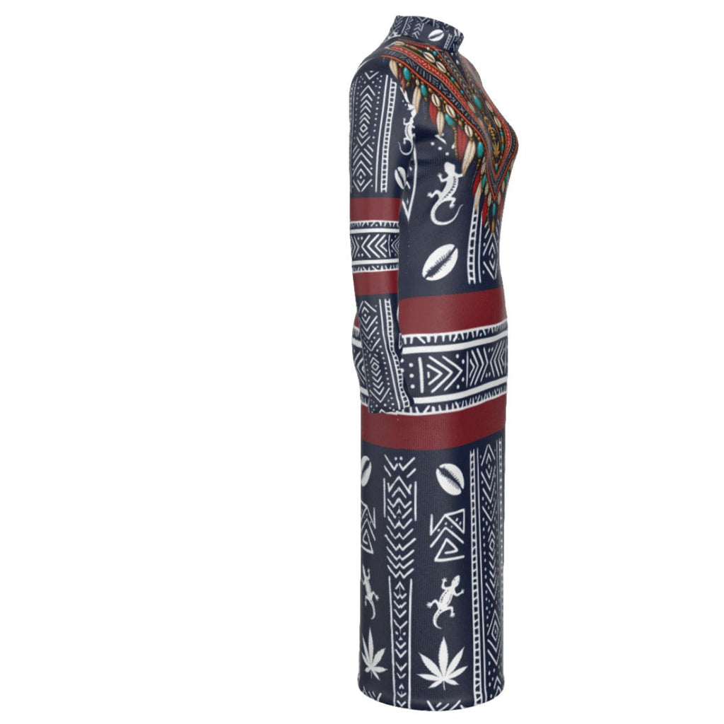 A long-sleeve maxi dress shown from the side, featuring a navy blue base with white tribal patterns, red horizontal stripes, and small multicolor leopard print details on the bodice and upper sleeves.