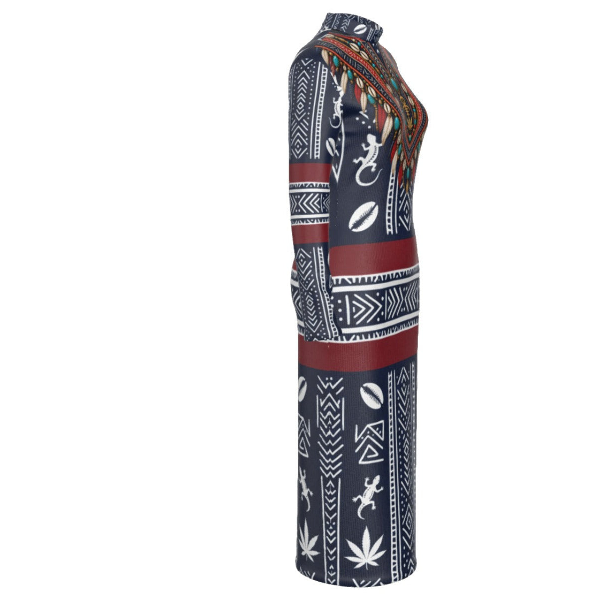 A long-sleeve maxi dress shown from the side, featuring a navy blue base with white tribal patterns, red horizontal stripes, and small multicolor leopard print details on the bodice and upper sleeves.