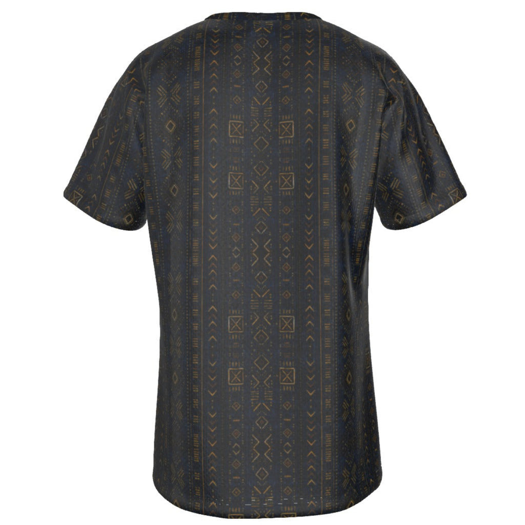 Shop the Teddy Blaze Mud of Indigo Tee, a lightweight men's crewneck featuring an indigo-and-gold mudcloth-inspired all-over print in sizes XS–6XL.