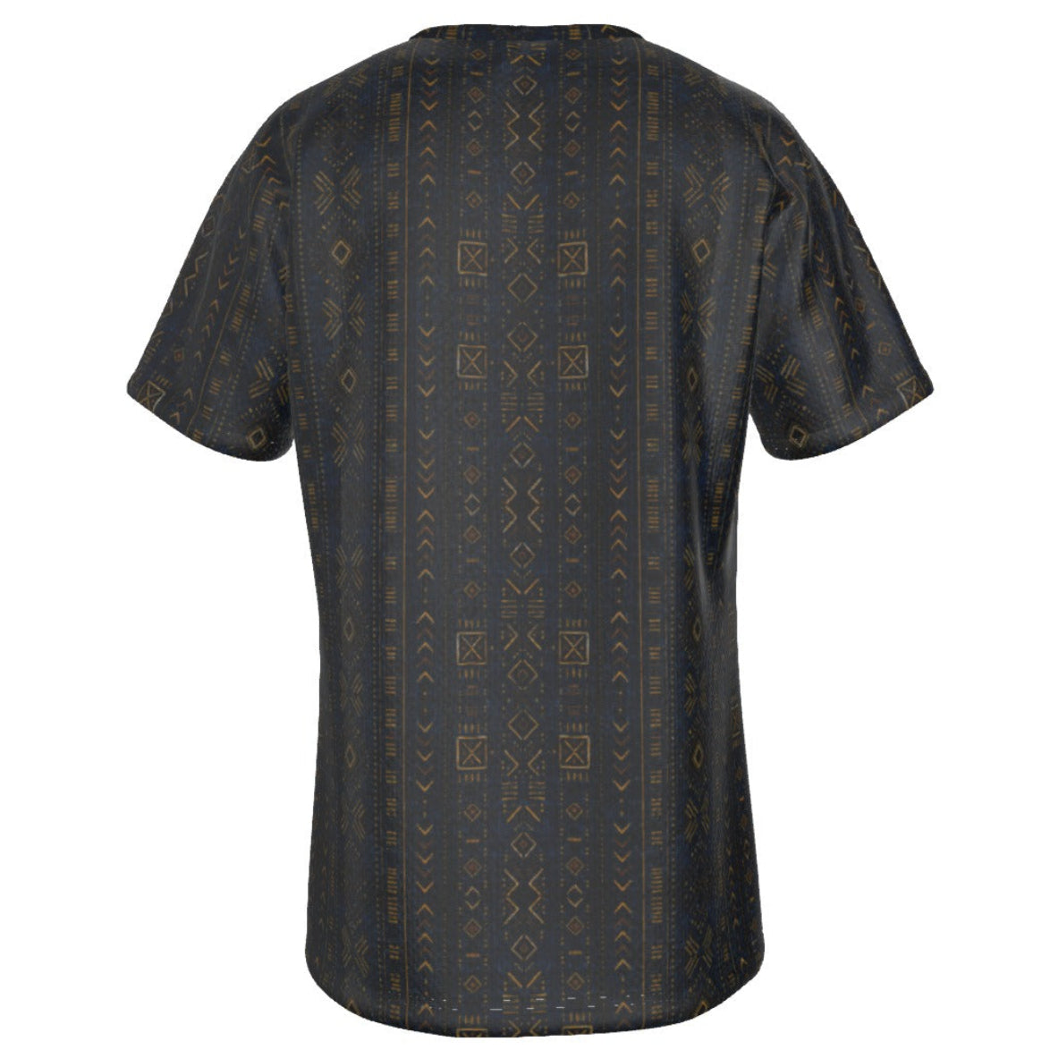 Shop the Teddy Blaze Mud of Indigo Tee, a lightweight men's crewneck featuring an indigo-and-gold mudcloth-inspired all-over print in sizes XS–6XL.