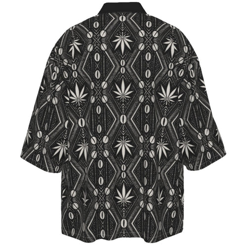 A black short-sleeve button-up shirt with a white geometric and cannabis leaf pattern, shown flat against a solid white background.