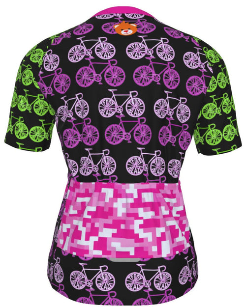 Shop the Iron + Ivy Digital Pixel & Bike Line-Art Performance Cycling Jersey by Teddy Blaze. Breast Cancer Awareness edition short-sleeve technical cycling jersey in bold magenta digital camo and neon bike graphics.