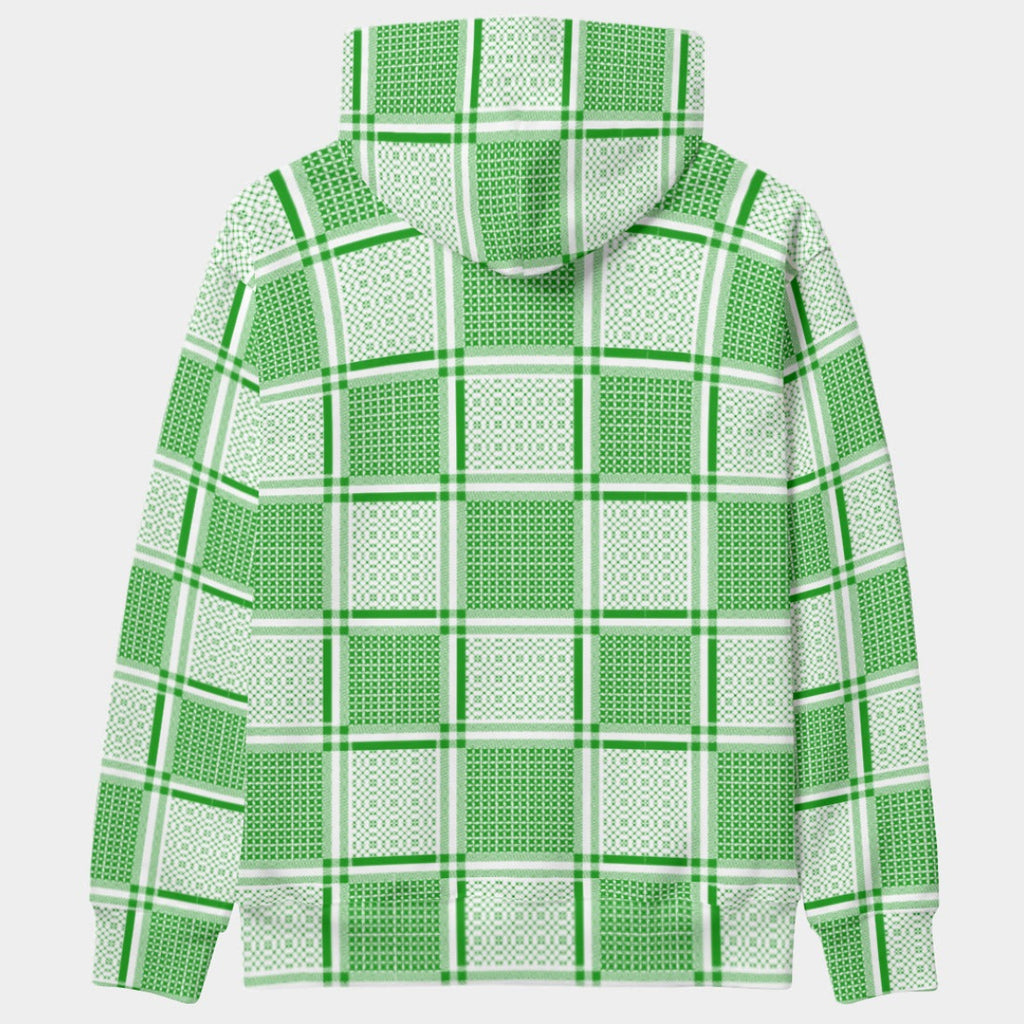 Shop the Iron + Ivy Keffiyeh Pattern Scuba Pullover Hoodie by Teddy Blaze. High-tech scuba stretch hoodie in emerald green and white geometric tapestry grid print with black hood lining.