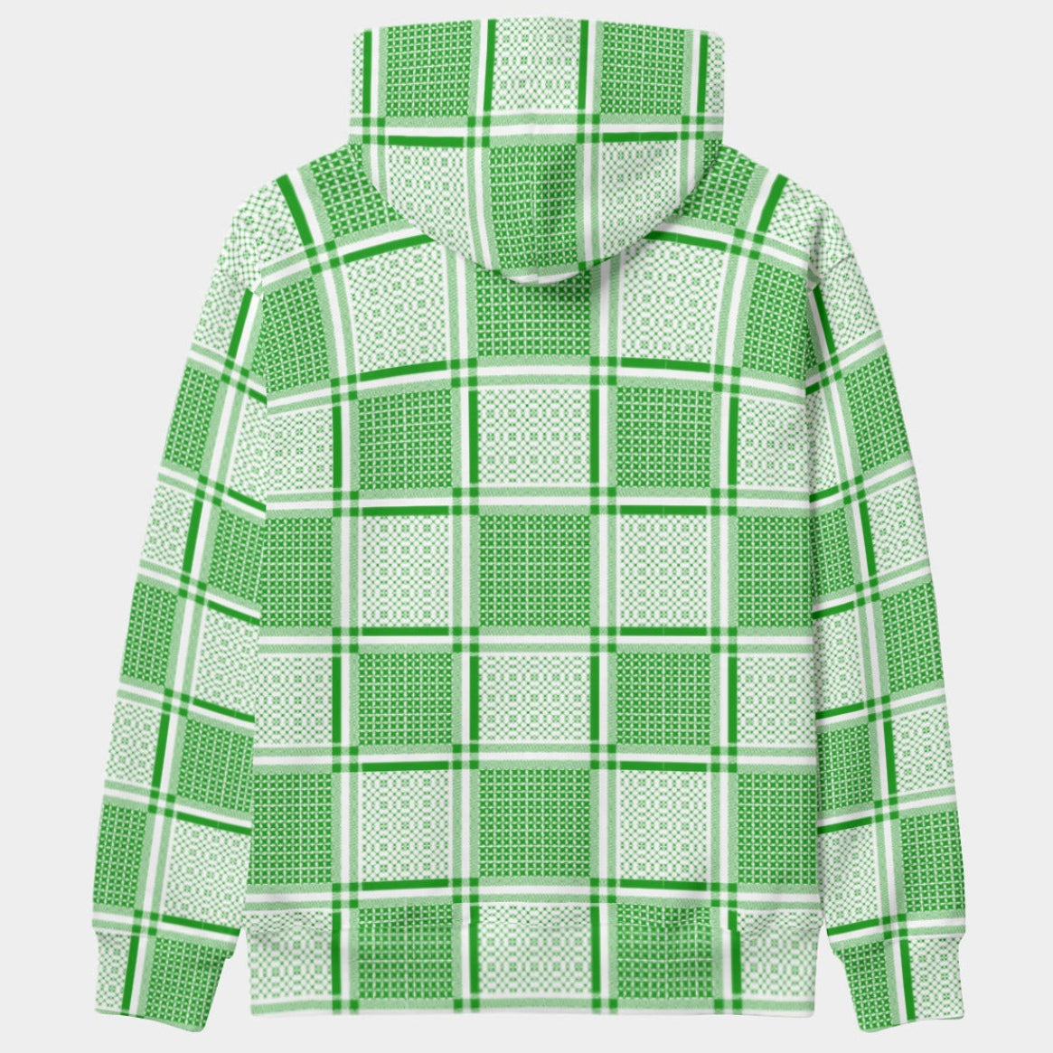Shop the Iron + Ivy Keffiyeh Pattern Scuba Pullover Hoodie by Teddy Blaze. High-tech scuba stretch hoodie in emerald green and white geometric tapestry grid print with black hood lining.