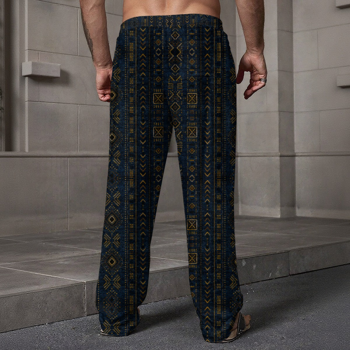 Shop Teddy Blaze Mud of Indigo™ Lounge Pants in lightweight Performance Linen, featuring an indigo and earthen-gold mudcloth-inspired pattern, relaxed fit and pockets.