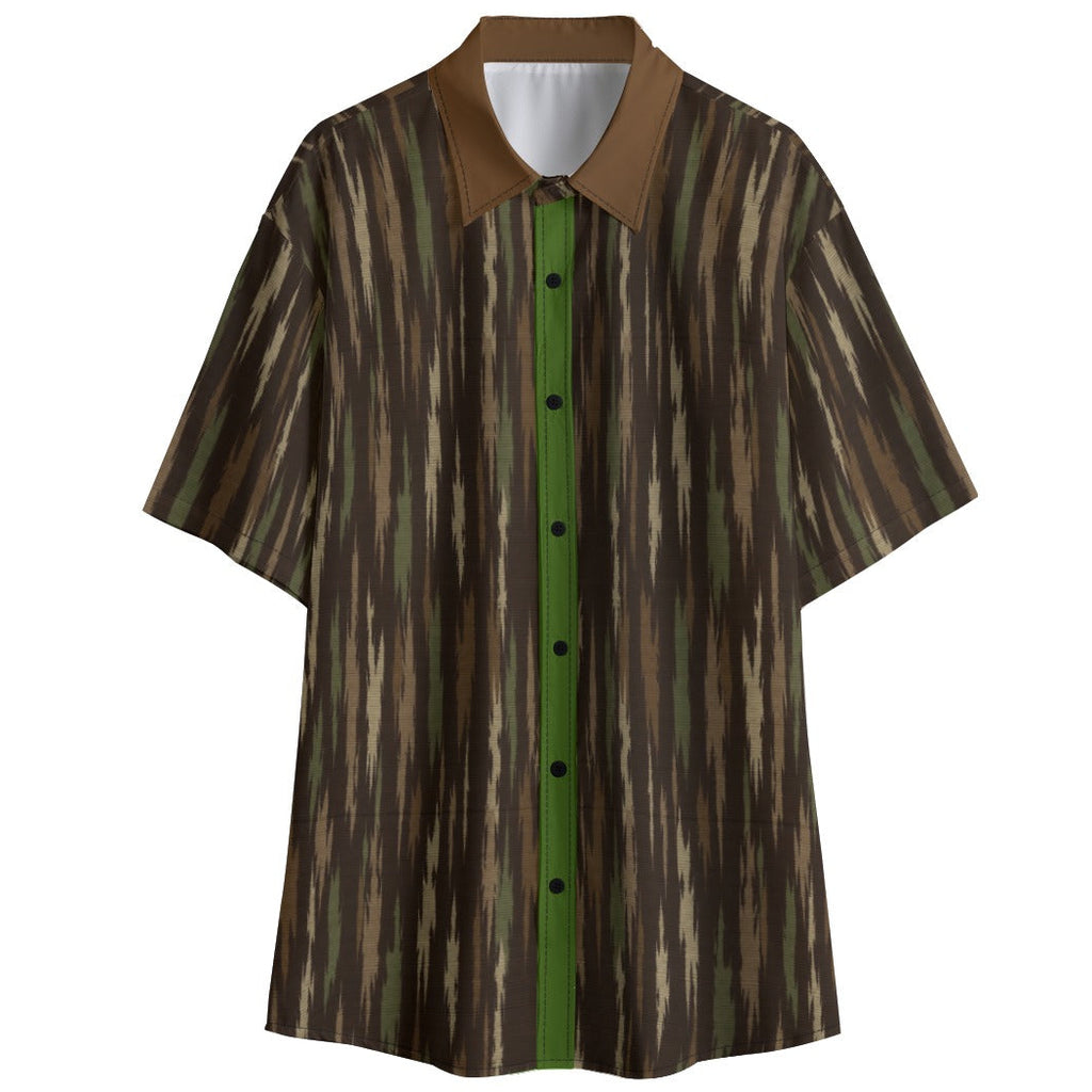 Shop the Terra Safari Short Sleeve Button-Down Shirt by Teddy Blaze. Lightweight 120g/m² resort shirt featuring earth-tone feather print and contrast collar.