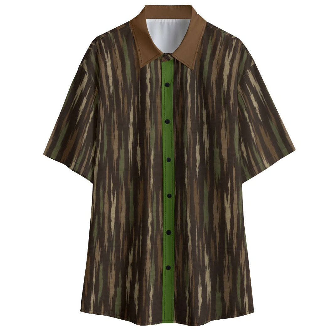 Shop the Terra Safari Short Sleeve Button-Down Shirt by Teddy Blaze. Lightweight 120g/m² resort shirt featuring earth-tone feather print and contrast collar.