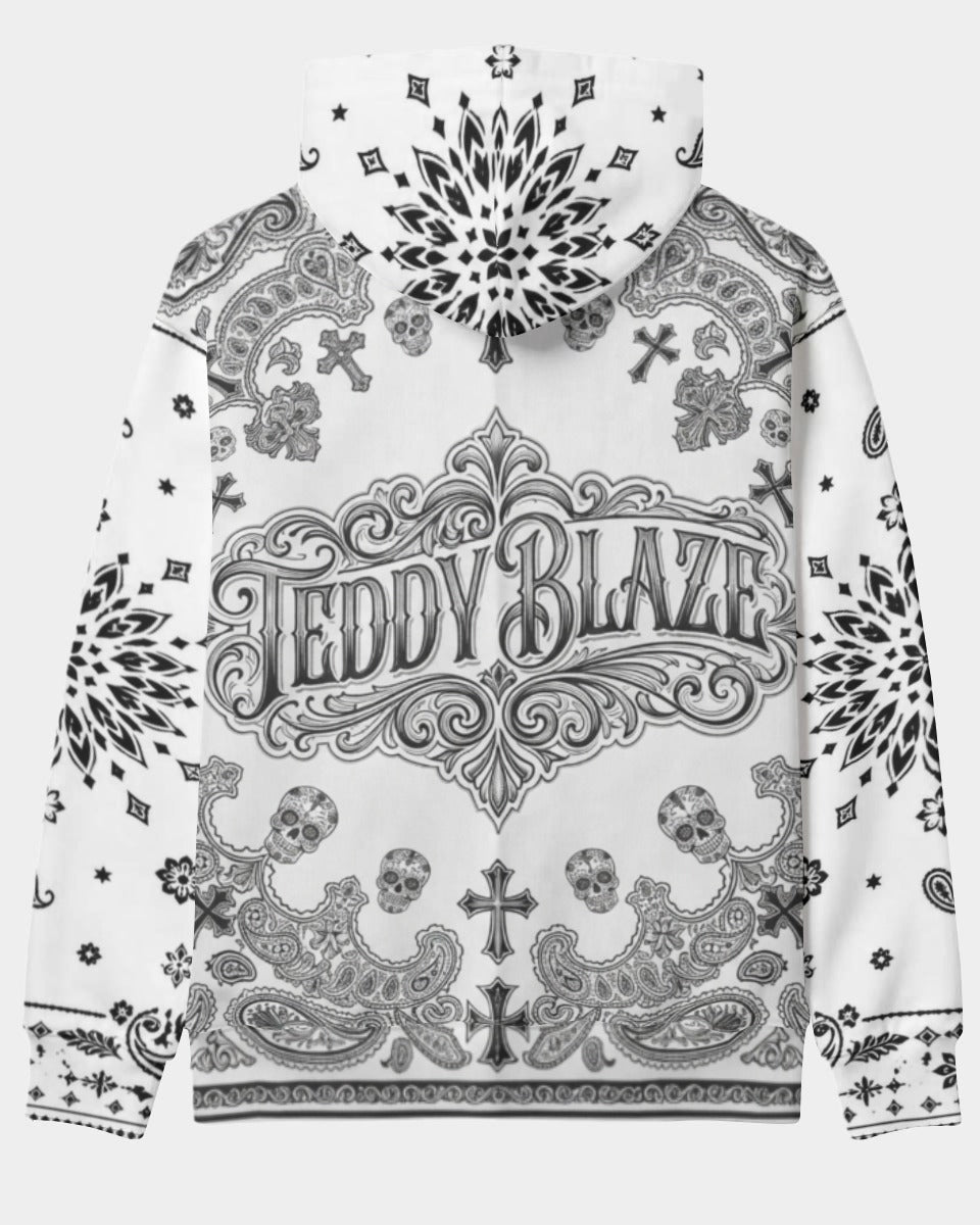 Discover the Teddy Blaze Ghostdana pullover hoodie, featuring an intricate white-and-black bandana graphic intertwined with gothic skulls, ornate crosses, and classic paisley motifs. Centered with a bold, vintage-style Teddy Blaze ornate typography banner on both the front and back, and finished with a contrasting black inner hood and drawstrings, this piece delivers high-impact graphic streetwear styling.
