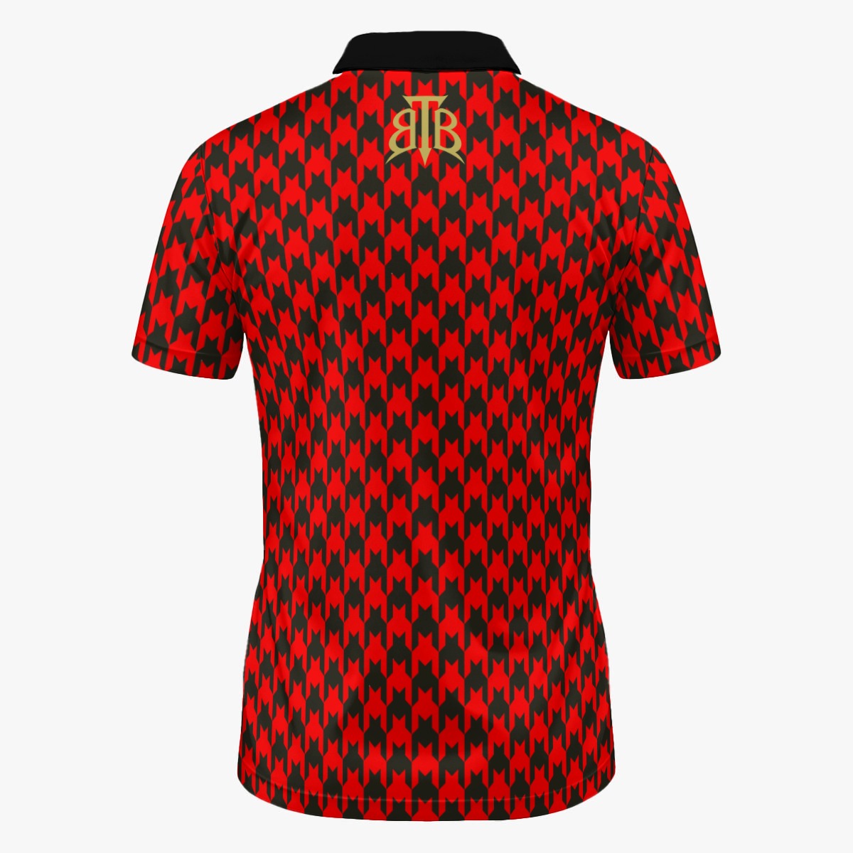 Shop the Scarlet Hound Polo by Teddy Blaze. 200 GSM Birdseye performance poly polo featuring a red and black houndstooth pattern from The Mature Mocha Collection.