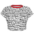Shop the Jet Setter Cropped Tee by Teddy Blaze. Soft 180g/m² microfiber raglan crop featuring a contrast red neck trim and all-over global city script pattern.